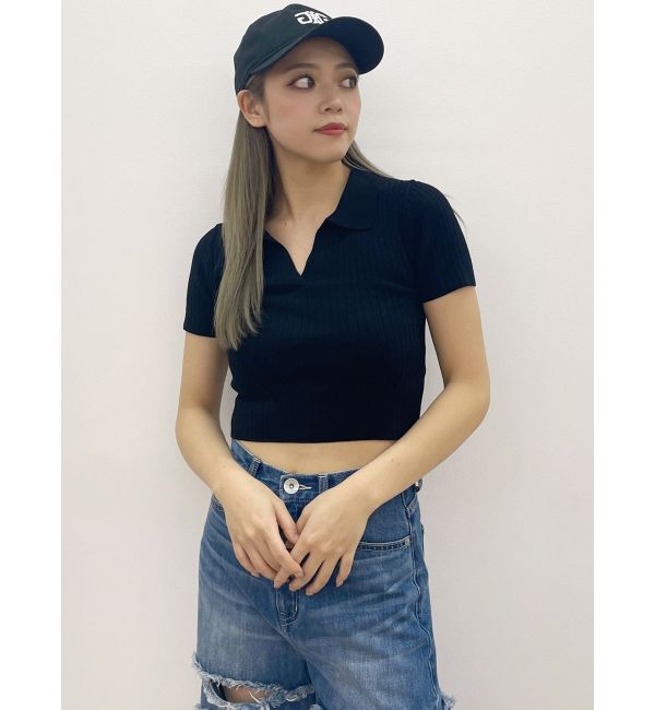 GYDA「BACK OPENハーフスリーブPOLOニットトップス」|ニット・セーター|
