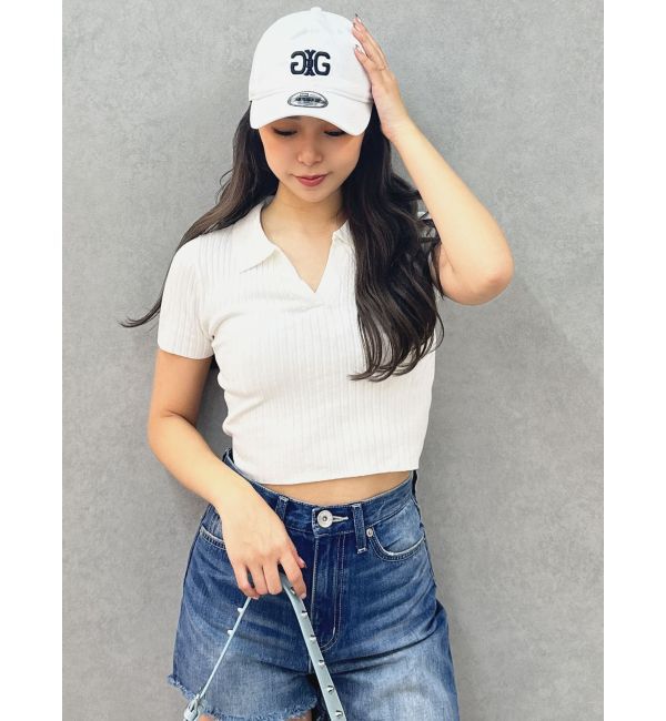 GYDA「BACK OPENハーフスリーブPOLOニットトップス」|ニット・セーター|