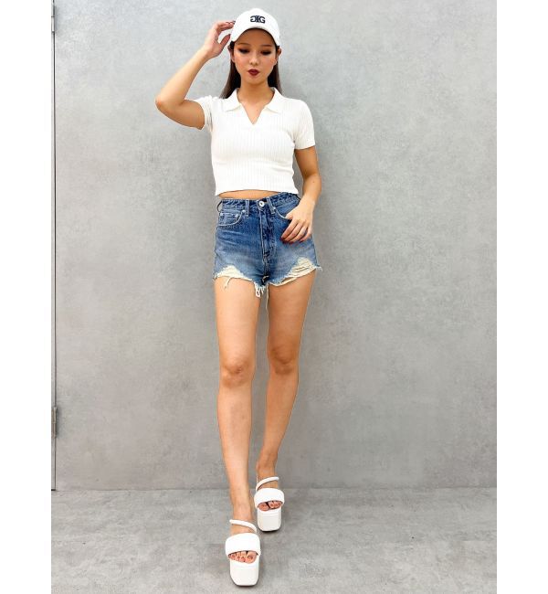 GYDA「BACK OPENハーフスリーブPOLOニットトップス」|ニット・セーター|