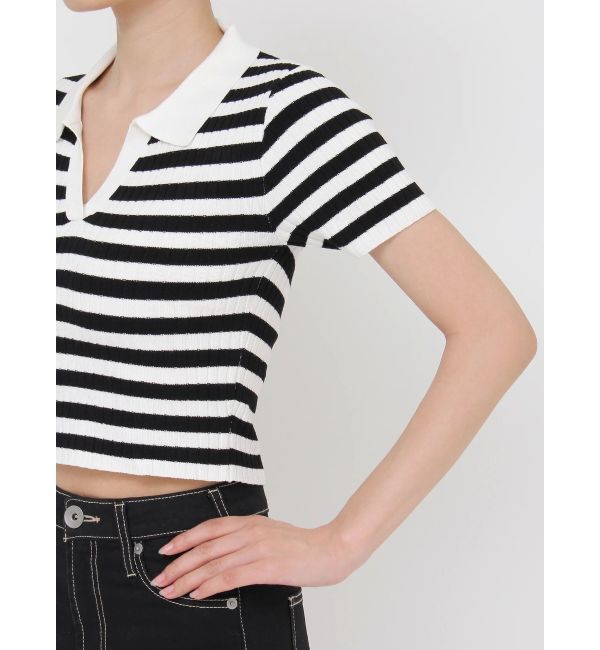 GYDA「BACK OPENハーフスリーブPOLOニットトップス」|ニット・セーター|