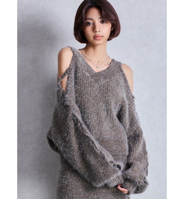 GYDA「レースアップシャギーニットトップス」|ニット・セーター|チャコールグレー