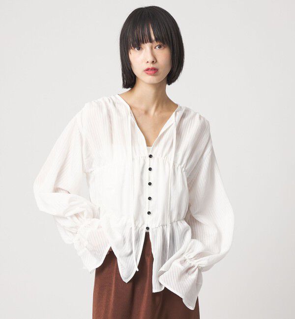 EMMEL REFINES「＜EMMEL REFINES＞EM ストライプ ギャザー ブラウス」|シャツ・ブラウス|WHITE