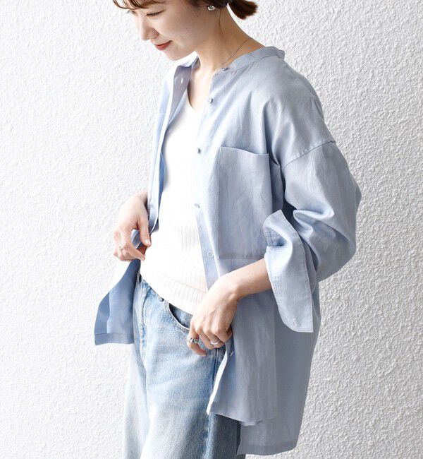 SHIPS any「SHIPS any:〈洗濯機可能〉リネン ミックス スタンドカラー ポケット シャツ 25SS 2」|シャツ・ブラウス|ライトブルー