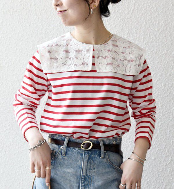 SHIPS any「《予約》SHIPS any:〈洗濯機可能〉マリンボーダー レース 襟 プルオーバー」|Tシャツ・カットソー|