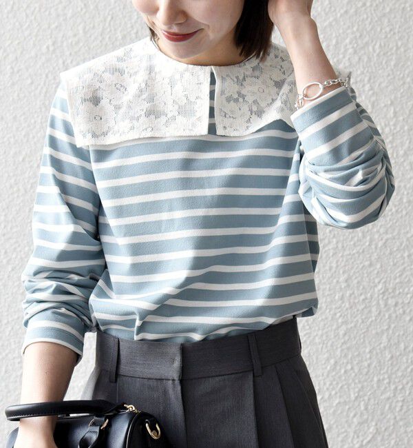 SHIPS any「《予約》SHIPS any:〈洗濯機可能〉マリンボーダー レース 襟 プルオーバー」|Tシャツ・カットソー|