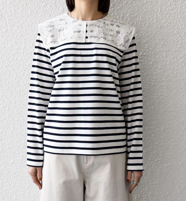 SHIPS any「《予約》SHIPS any:〈洗濯機可能〉マリンボーダー レース 襟 プルオーバー」|Tシャツ・カットソー|