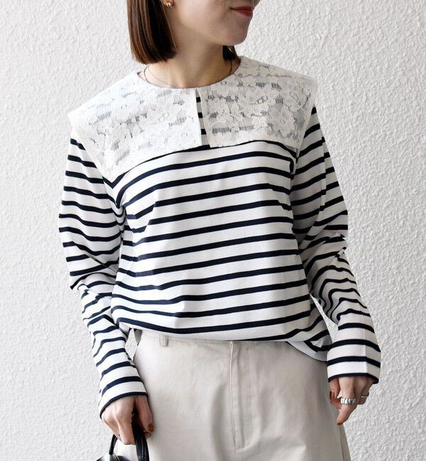 SHIPS any「《予約》SHIPS any:〈洗濯機可能〉マリンボーダー レース 襟 プルオーバー」|Tシャツ・カットソー|