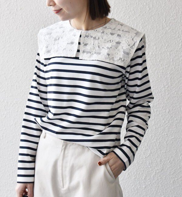 SHIPS any「《予約》SHIPS any:〈洗濯機可能〉マリンボーダー レース 襟 プルオーバー」|Tシャツ・カットソー|
