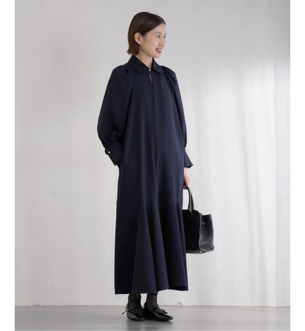 IENA「&NAVY メランジツイルギャザーワンピース」|ワンピース|ネイビー