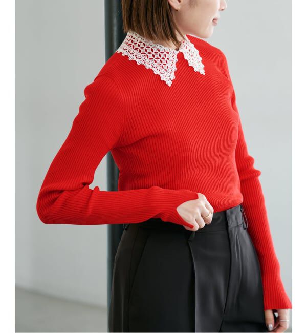 IENA「《予約》レース襟 RIBホールガーメントプルオーバー」|ニット・セーター|レッド