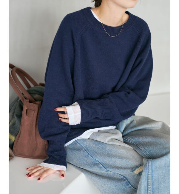 WEB限定カラー有り》ウールカシミヤ ラグランクルーネックニット