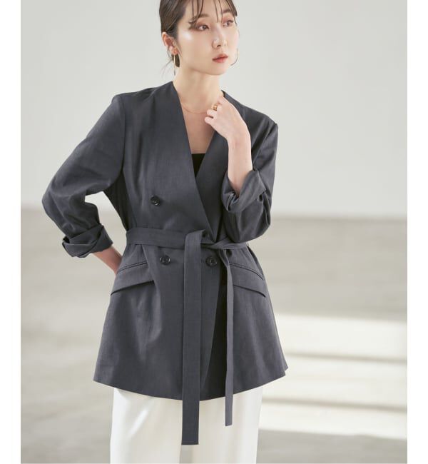 NOBLE「《予約》麻ストレッチVカラージャケット」|ノーカラージャケット|グレー