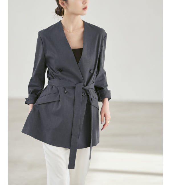 NOBLE「《予約》麻ストレッチVカラージャケット」|ノーカラージャケット|