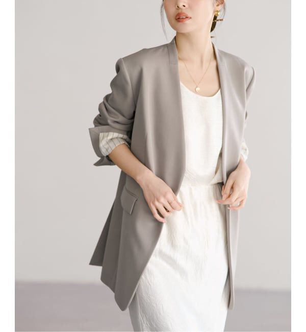 NOBLE「Vカラースキンジャケット」|ノーカラージャケット|ベージュ A