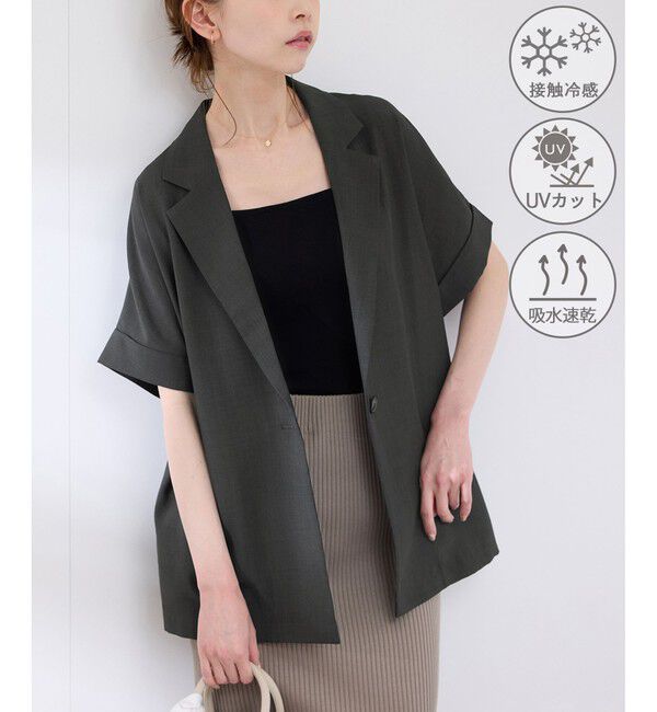 Rope&rsquo;Picnic「【接触冷感・UVカット・速乾】【リネンライク・シリーズ】シアーハーフスリーブジャケット/セットアップ」|テーラードジャケット|チャコール(06)