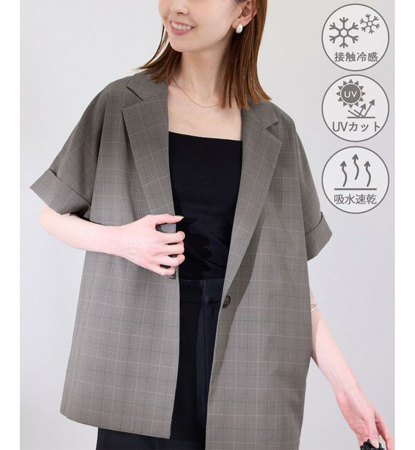 Rope&rsquo;Picnic「【接触冷感・UVカット・速乾】【リネンライク・シリーズ】シアーハーフスリーブジャケット/セットアップ」|テーラードジャケット|グレーサブ(09)
