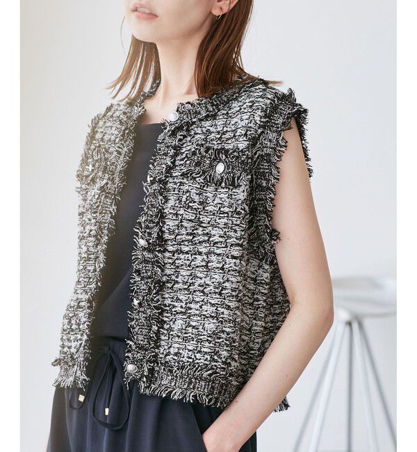 Rope&rsquo;Picnic「【WEB限定カラー】【サマー・ツイード】着丈が選べるジレベスト/スリーブレスカーディガン」|カーディガン|ブラック系(03)