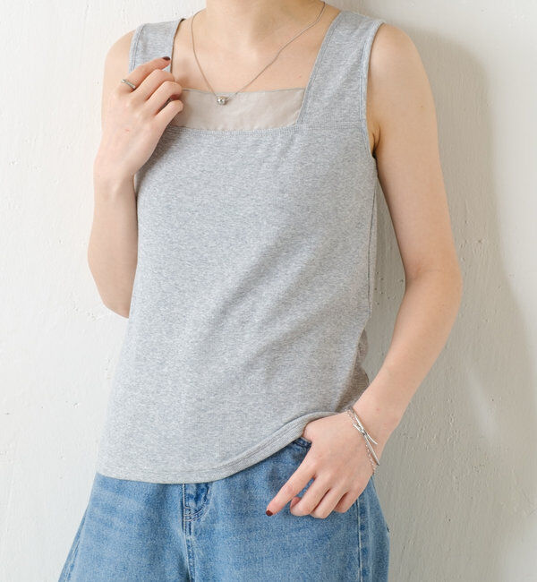  「 シアー切り替えスクエアタンクトップ」|Tシャツ・カットソー|ライトグレー