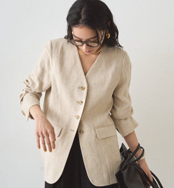  「リネンノーカラージャケット」|ベスト・ジレ|ベージュ