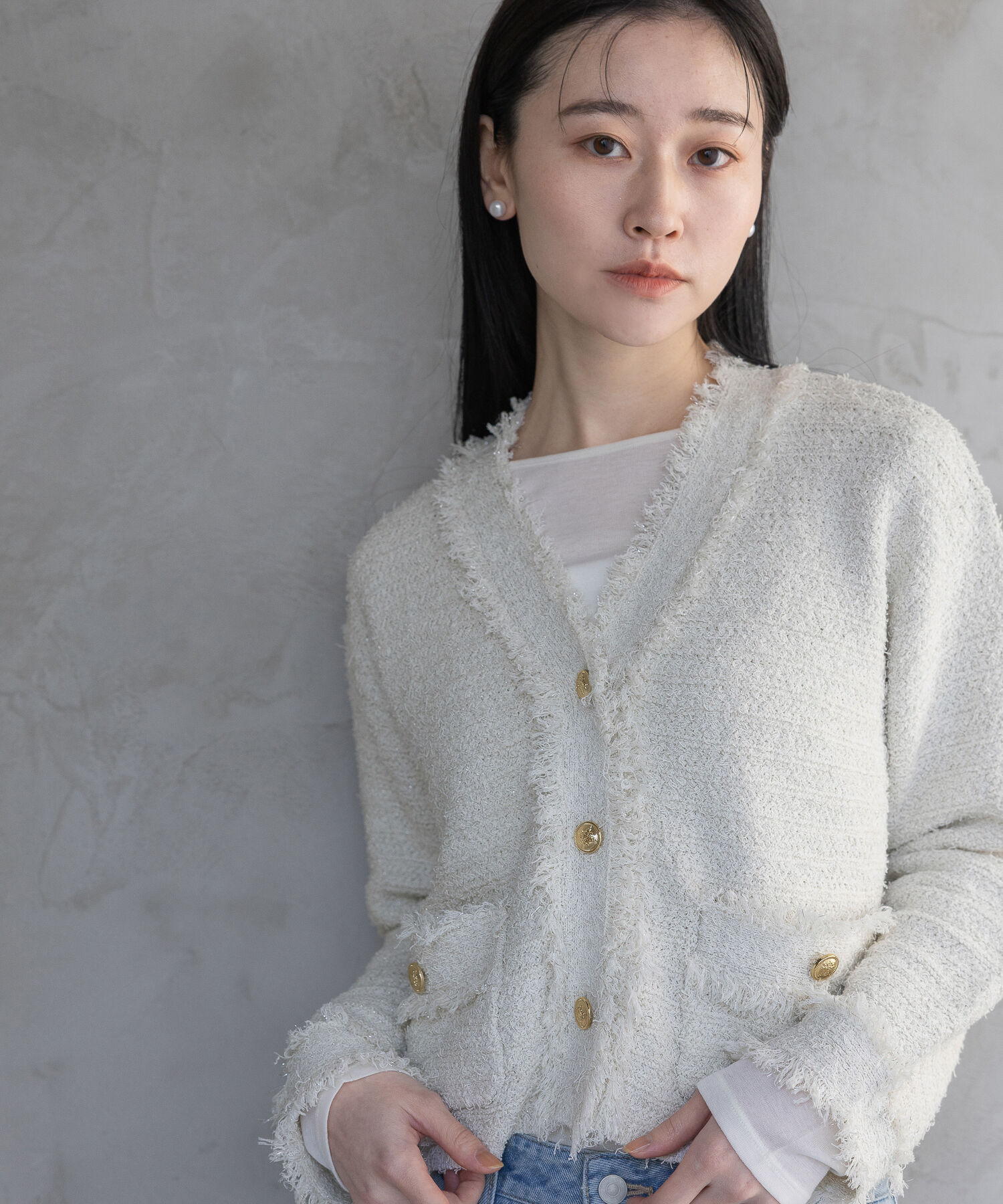 A part by 「フリンジツイードニットVネックカーディガン」|ニット・セーター|オフホワイト