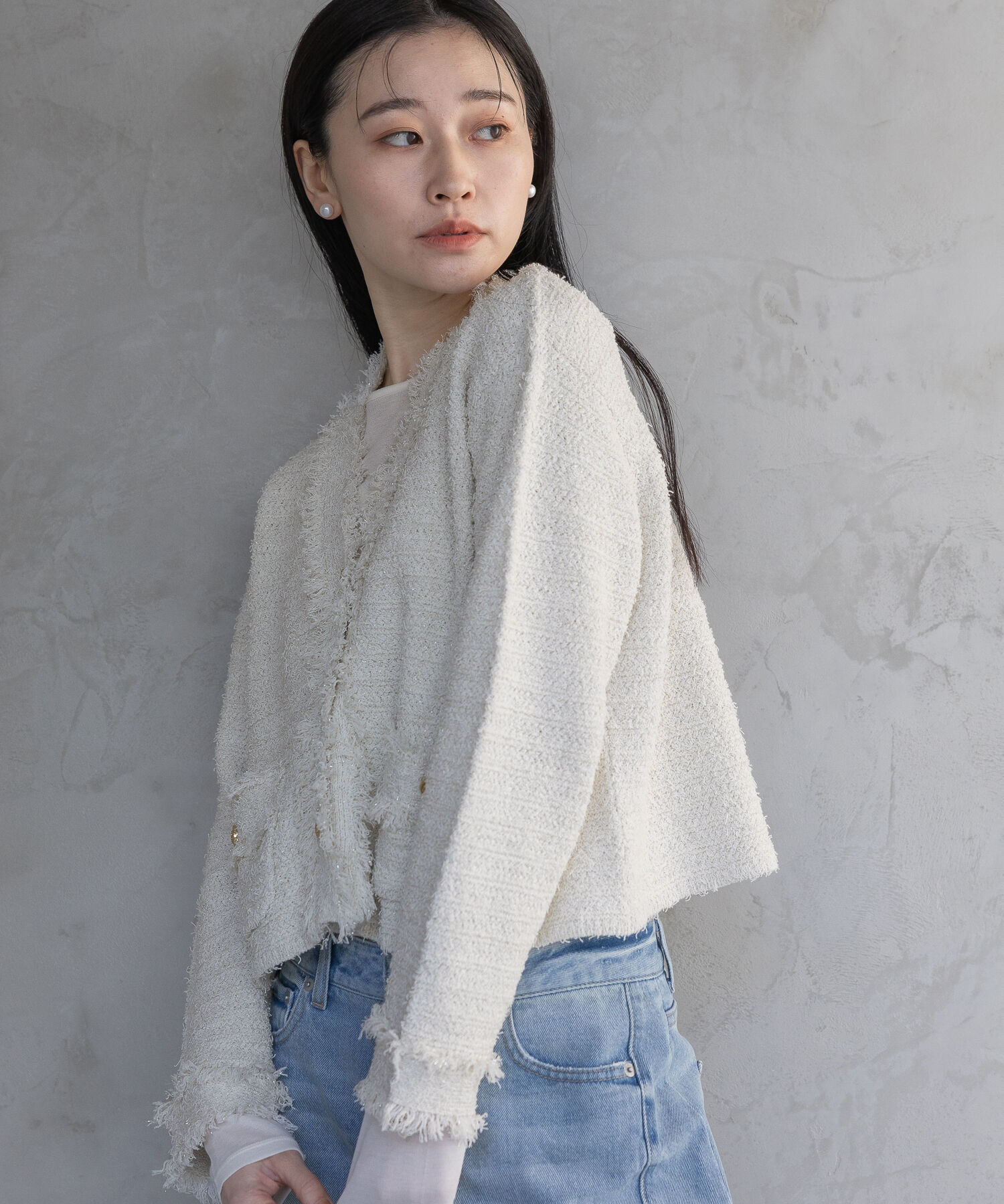A part by 「フリンジツイードニットVネックカーディガン」|ニット・セーター|