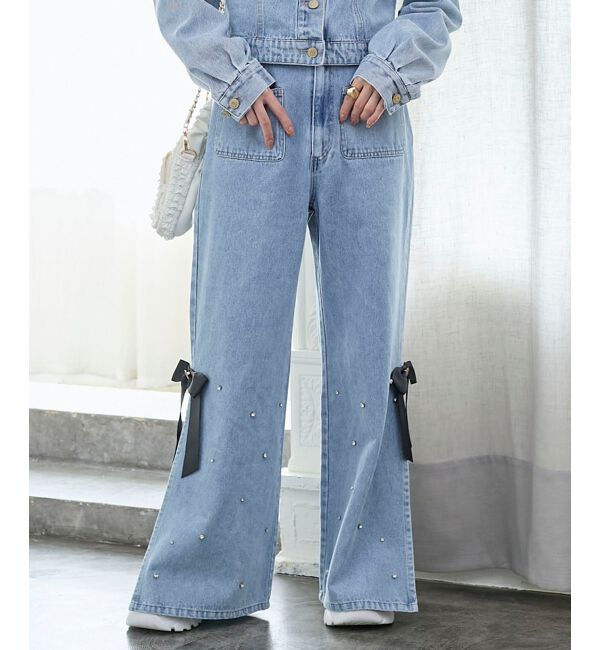  「サイドリボンビジューデニムパンツ」|デニム|