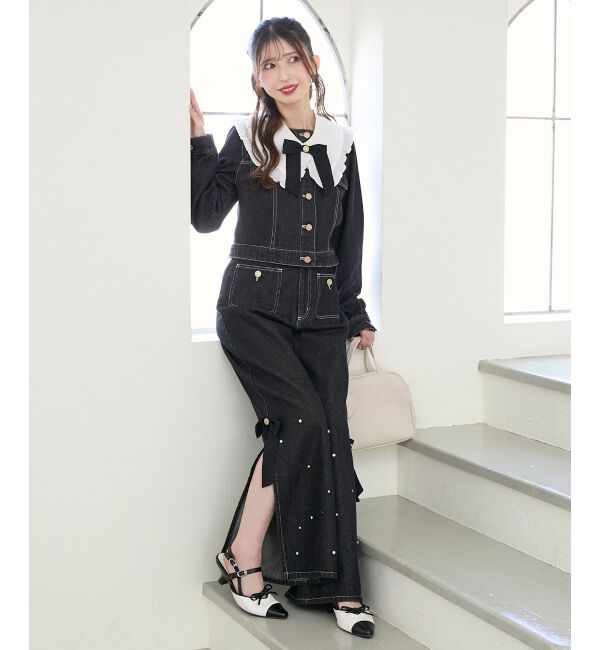  「サイドリボンビジューデニムパンツ」|デニム|