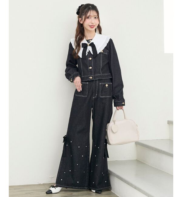  「サイドリボンビジューデニムパンツ」|デニム|