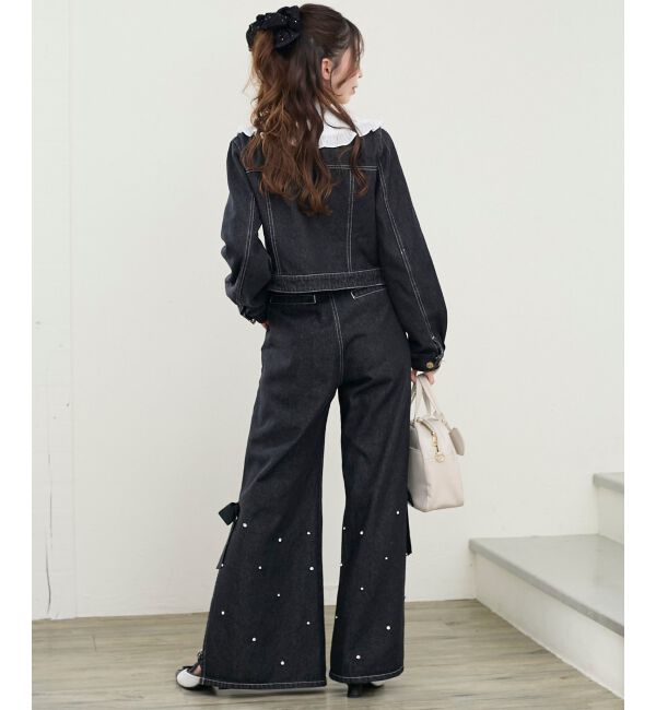  「サイドリボンビジューデニムパンツ」|デニム|