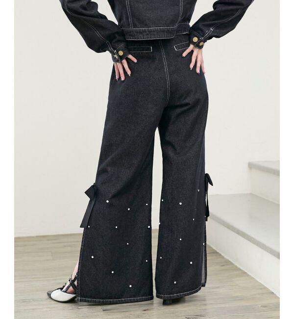  「サイドリボンビジューデニムパンツ」|デニム|