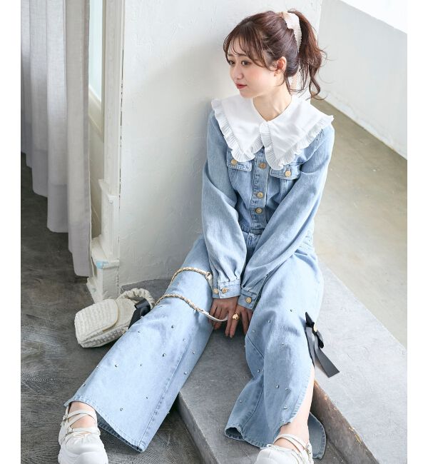  「サイドリボンビジューデニムパンツ」|デニム|