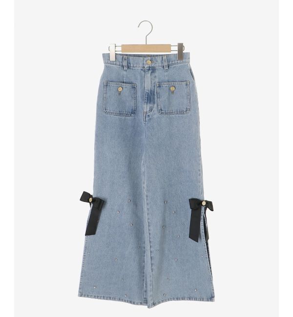  「サイドリボンビジューデニムパンツ」|デニム|