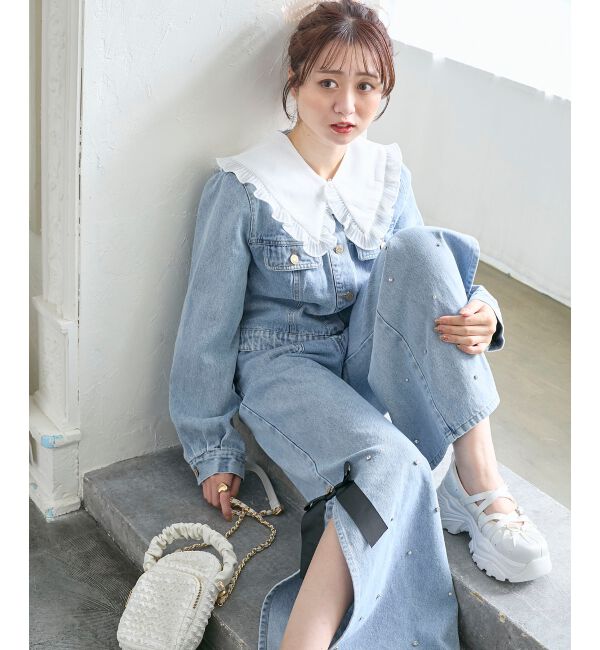  「サイドリボンビジューデニムパンツ」|デニム|