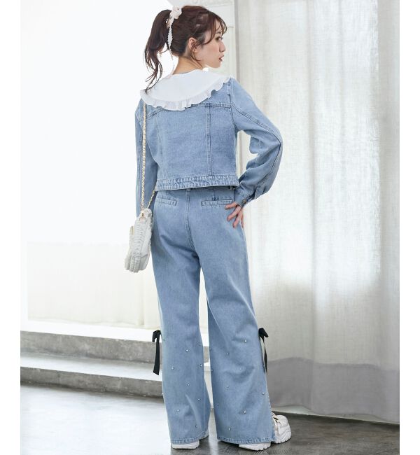  「サイドリボンビジューデニムパンツ」|デニム|
