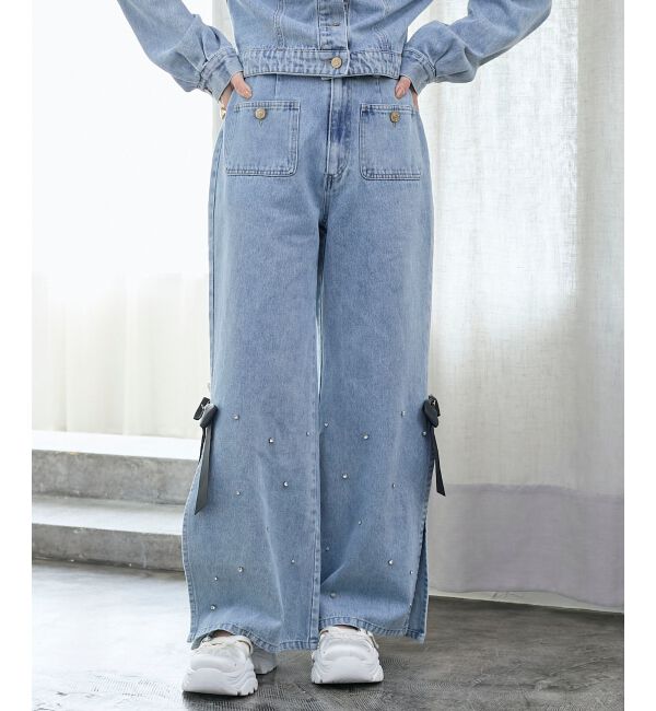  「サイドリボンビジューデニムパンツ」|デニム|