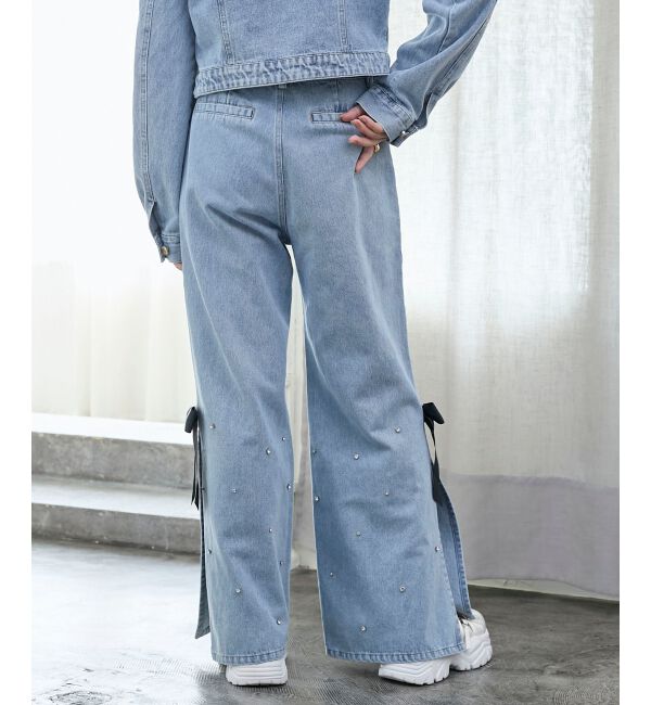  「サイドリボンビジューデニムパンツ」|デニム|