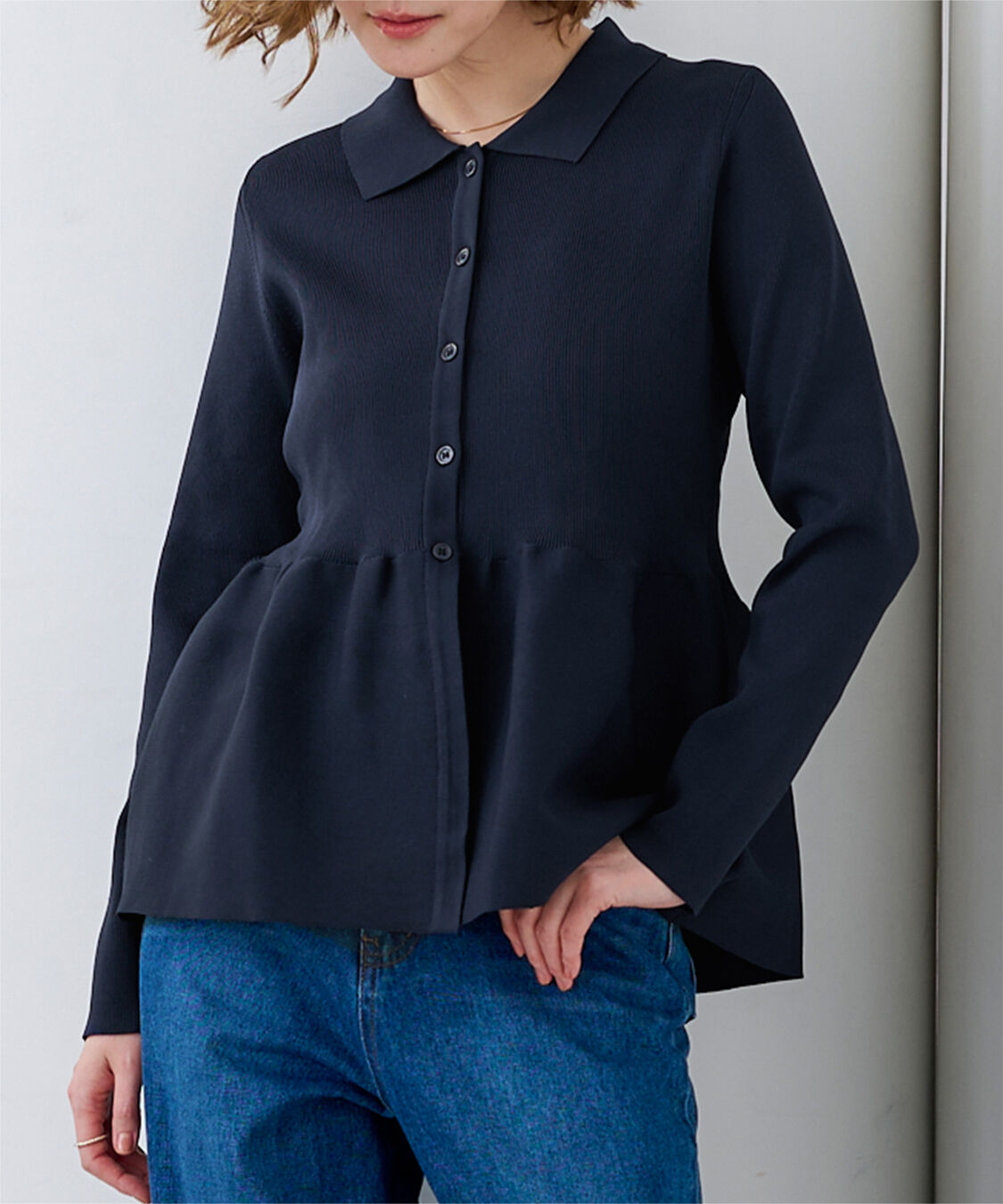 ur's「ウエストペプラムポロニットカーディガン」|ニット・セーター|ネイビー