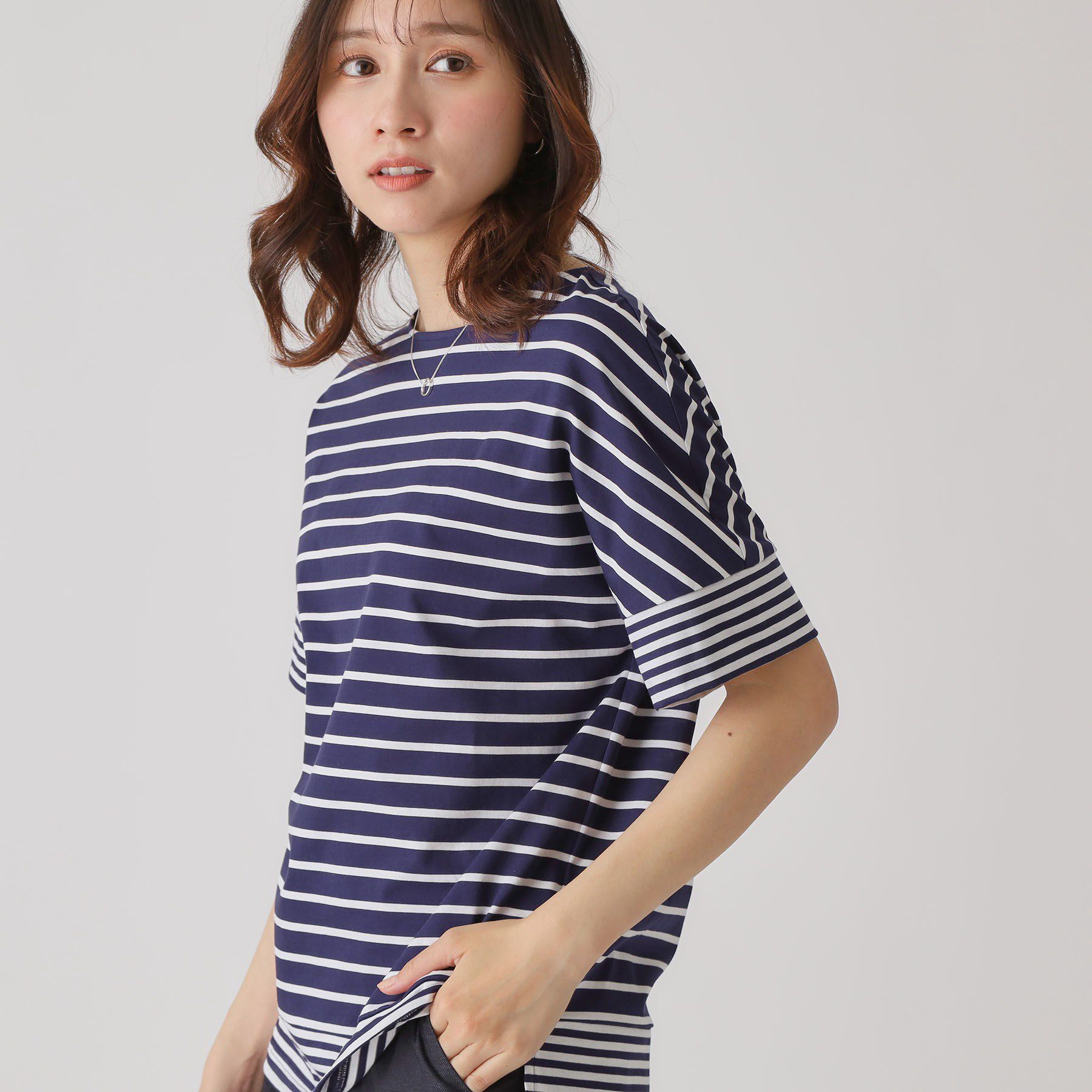 COUP DE CHANCE「【洗える／日本製】ボーダー切替デザイントップス」|Tシャツ・カットソー|ネイビー(394)