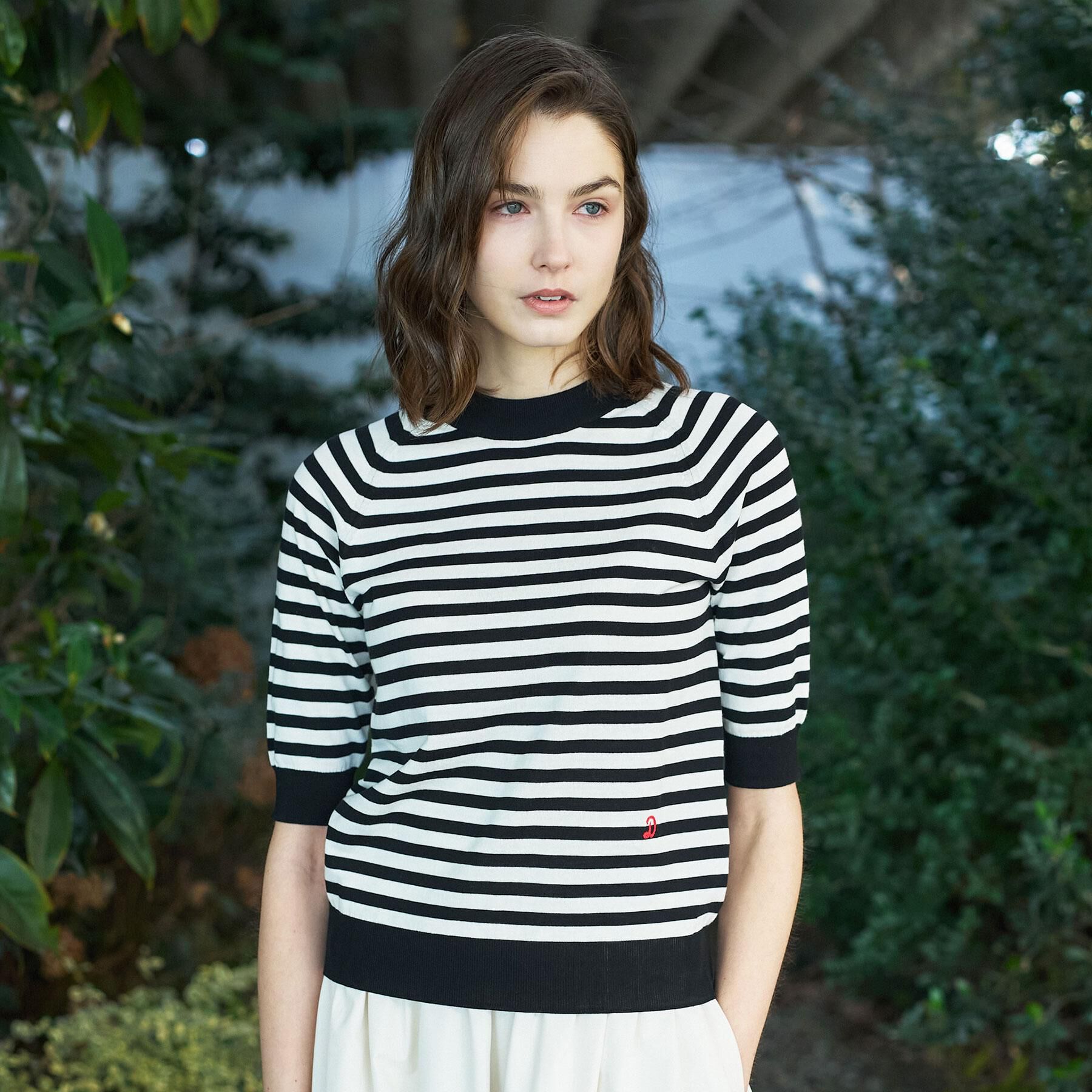 DRESSTERIOR「コットンシルクボーダーハーフスリーブニット」|ニット・セーター|