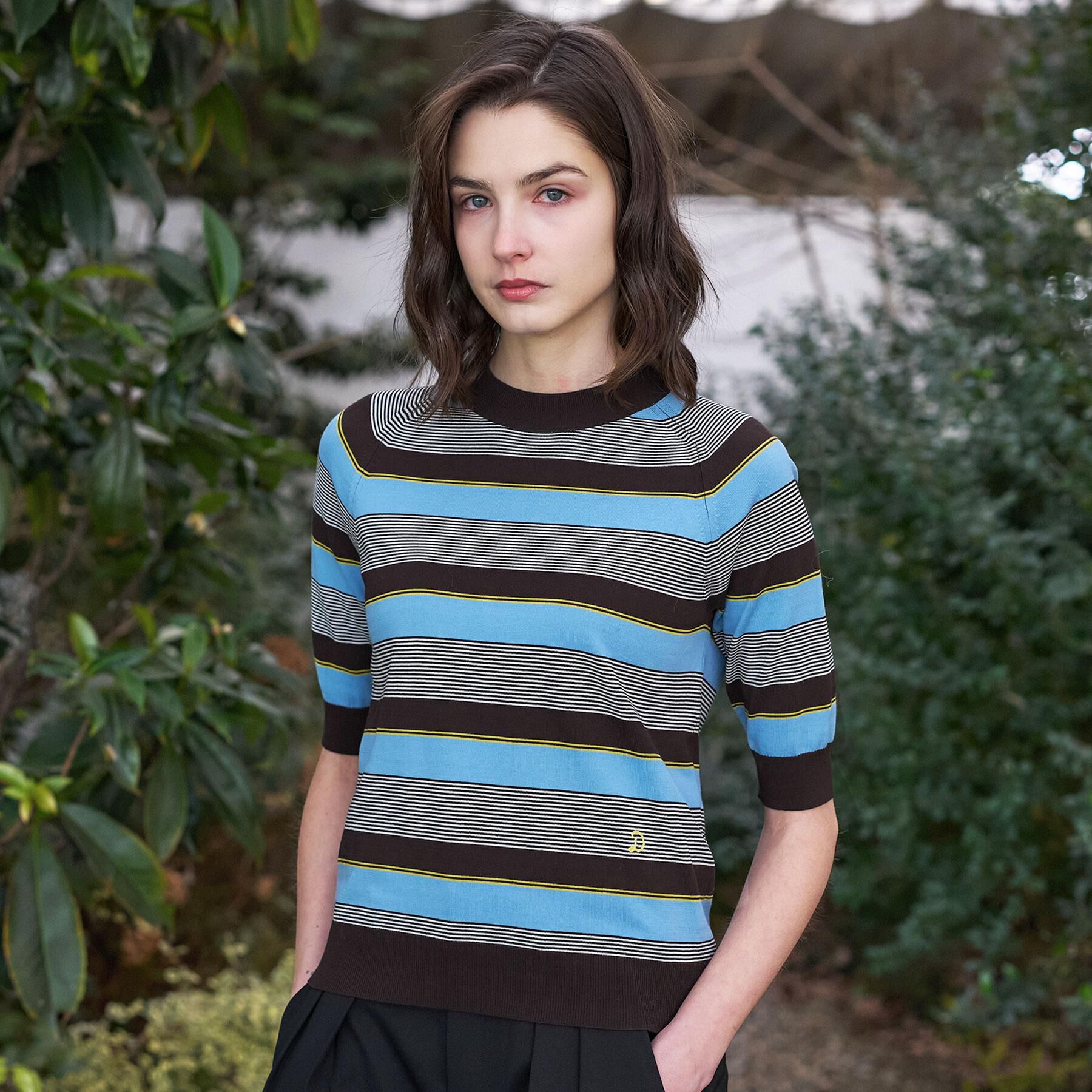 DRESSTERIOR「コットンシルクボーダーハーフスリーブニット」|ニット・セーター|ブラウン(344)