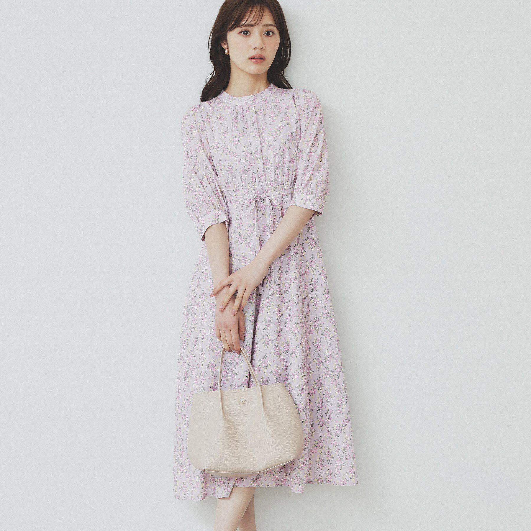 index「スタンドネック小花柄ワンピース【洗濯機洗い可/イージーアイロン】」|ワンピース|ピンク(172)