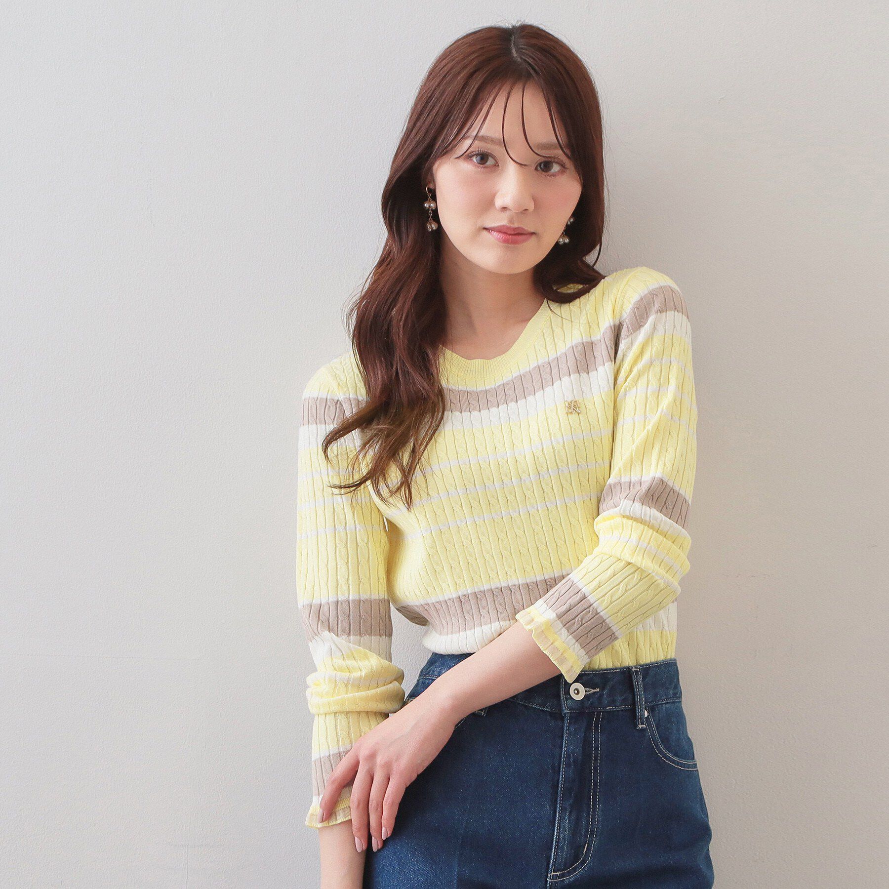 index「ランダムボーダーケーブルニット【洗濯機OK/坑ピル】」|ニット・セーター|ライトイエロー(33