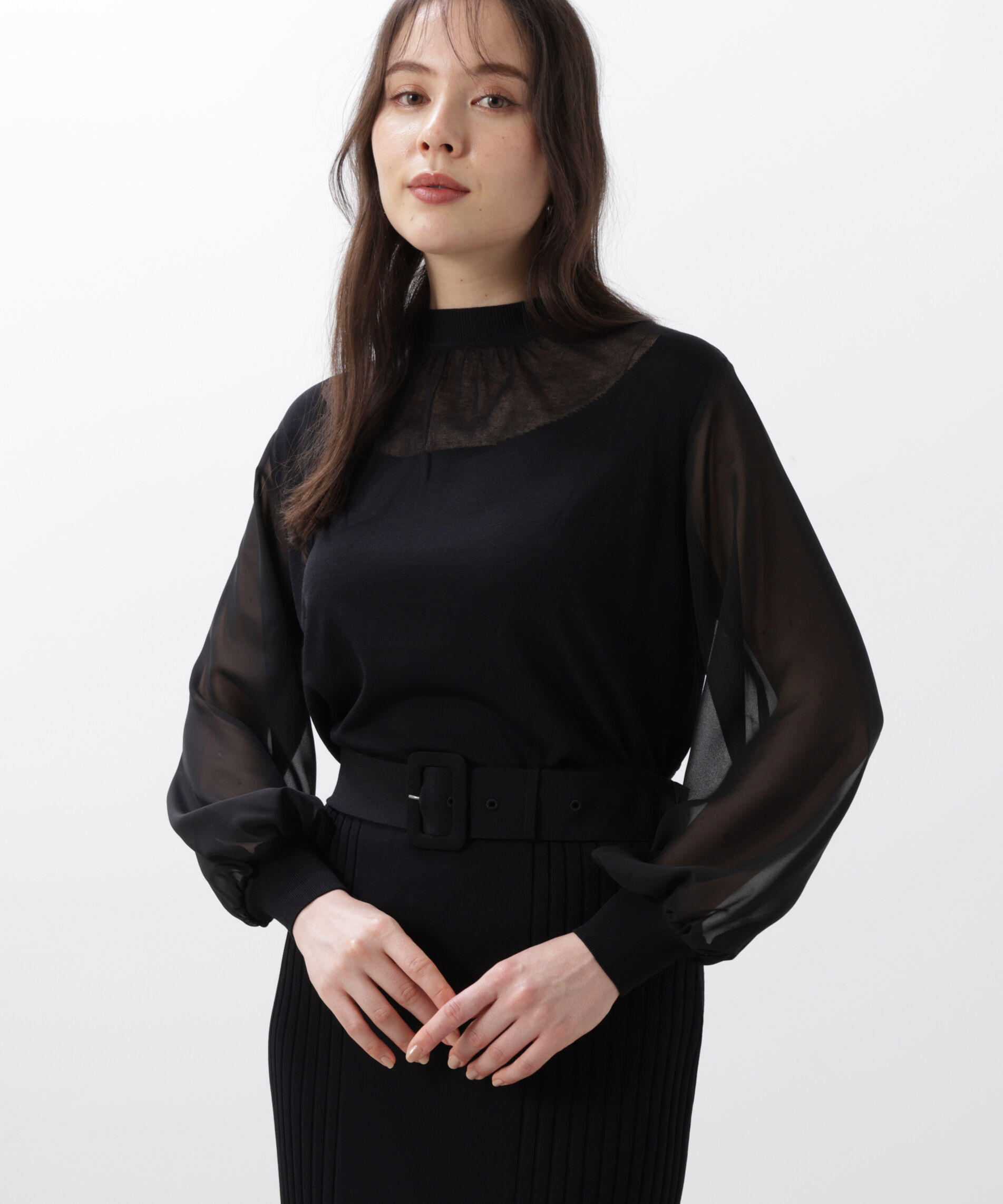  「◆ギャザーネックシフォンコンビニット」|ニット・セーター|