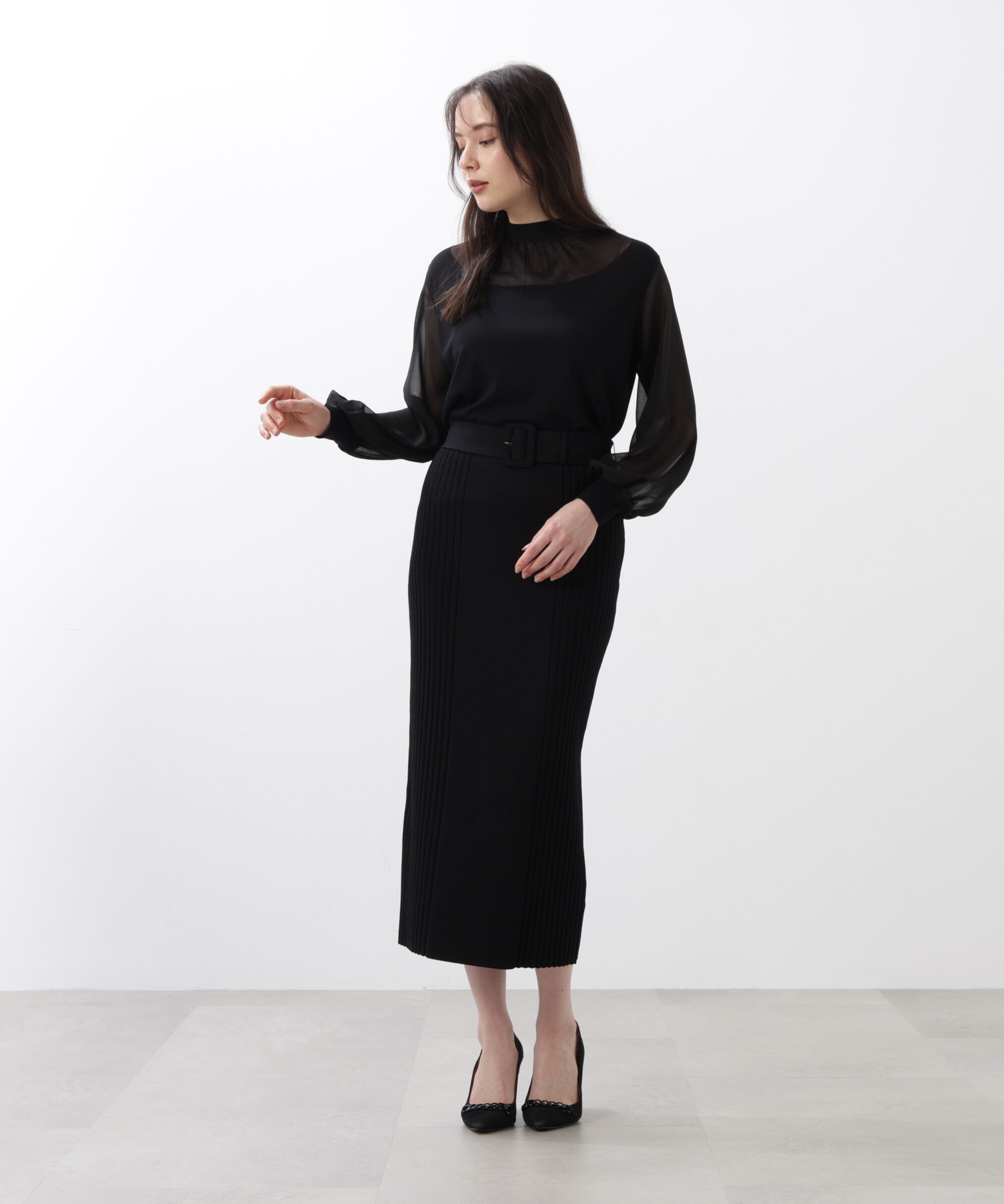  「◆ギャザーネックシフォンコンビニット」|ニット・セーター|