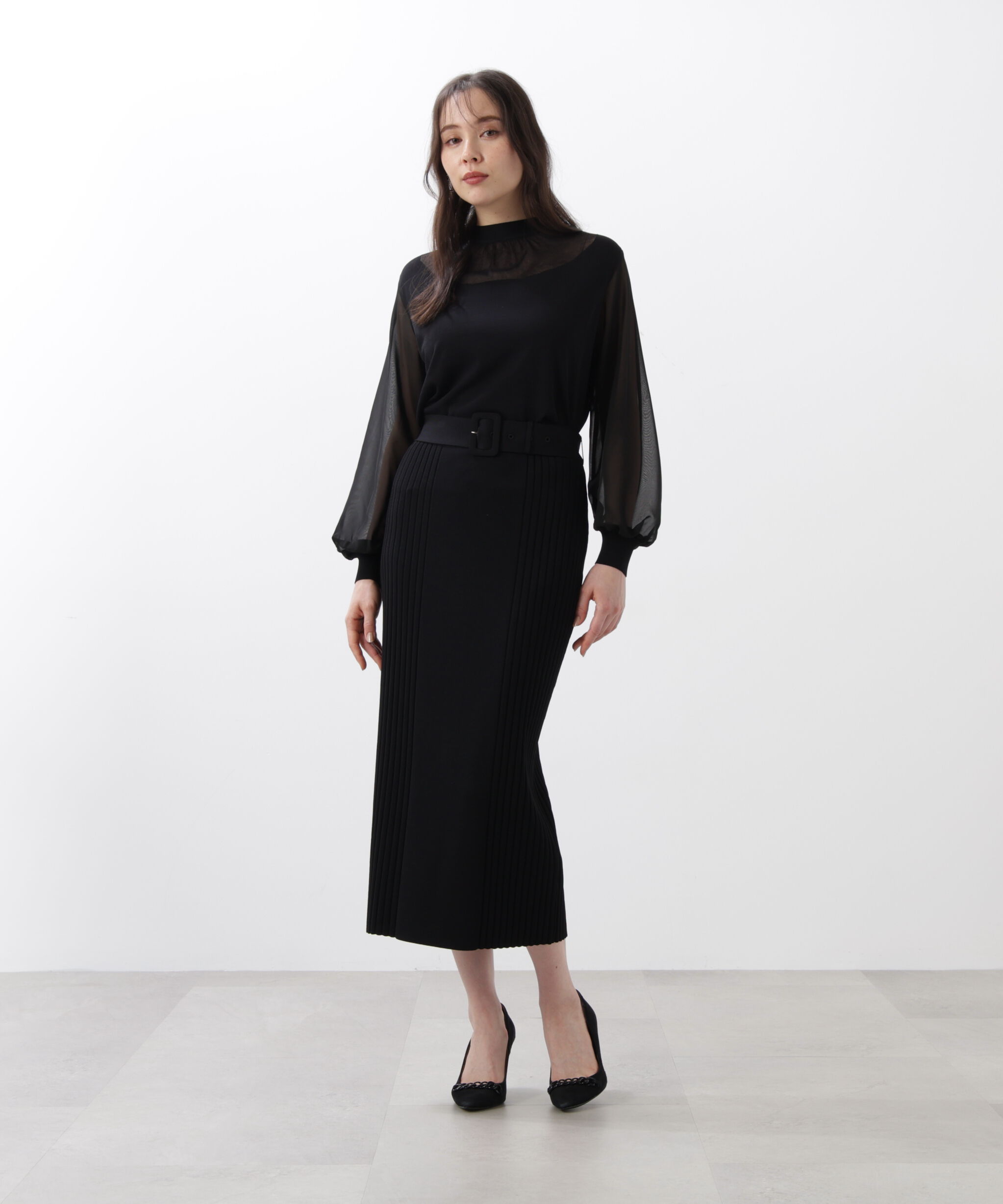  「◆ギャザーネックシフォンコンビニット」|ニット・セーター|