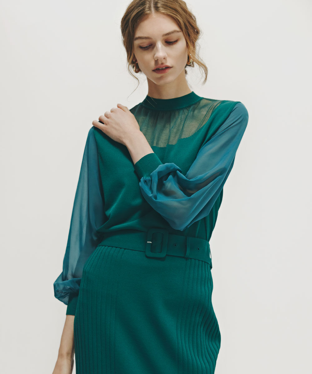  「◆ギャザーネックシフォンコンビニット」|ニット・セーター|グリーン