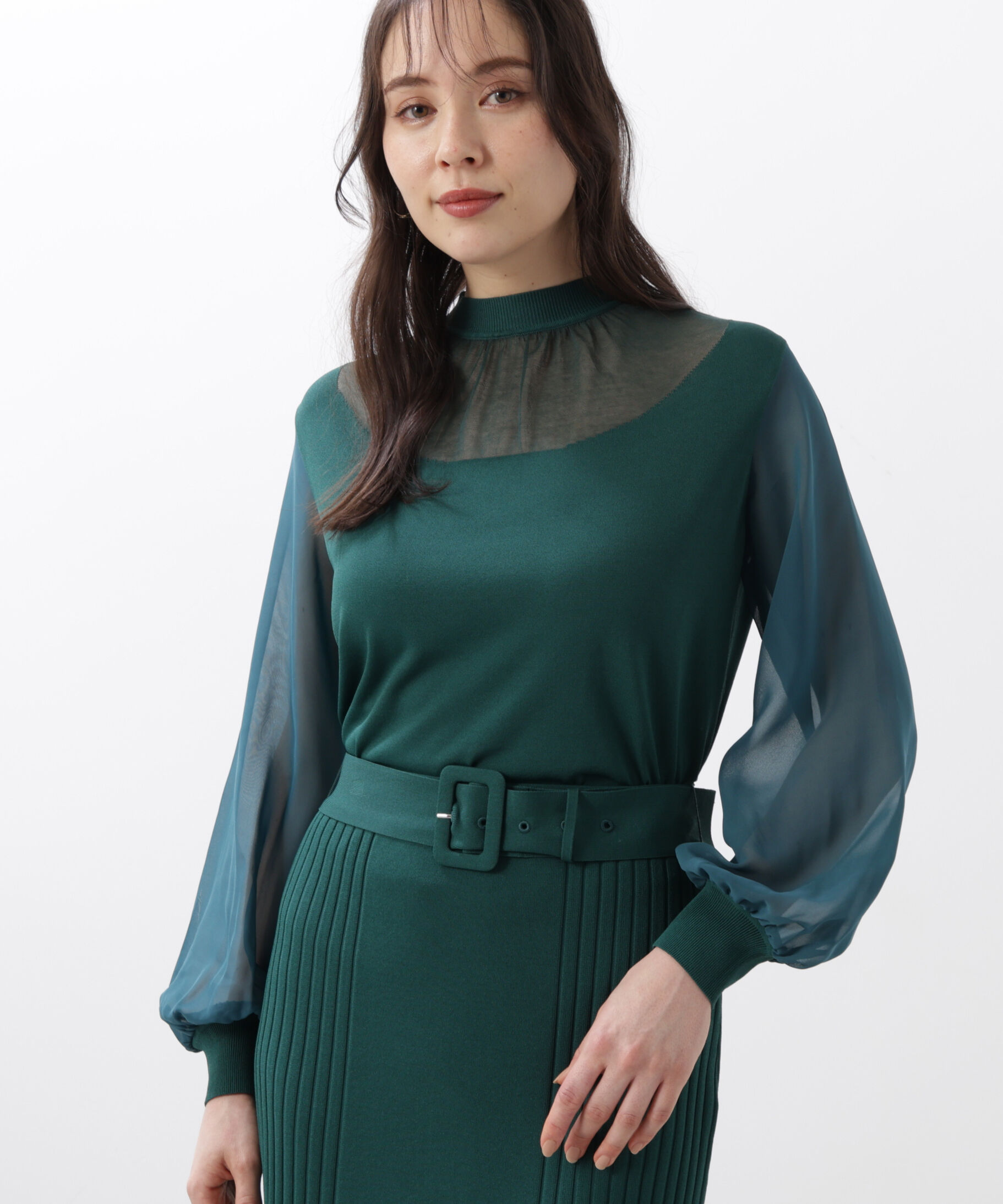  「◆ギャザーネックシフォンコンビニット」|ニット・セーター|