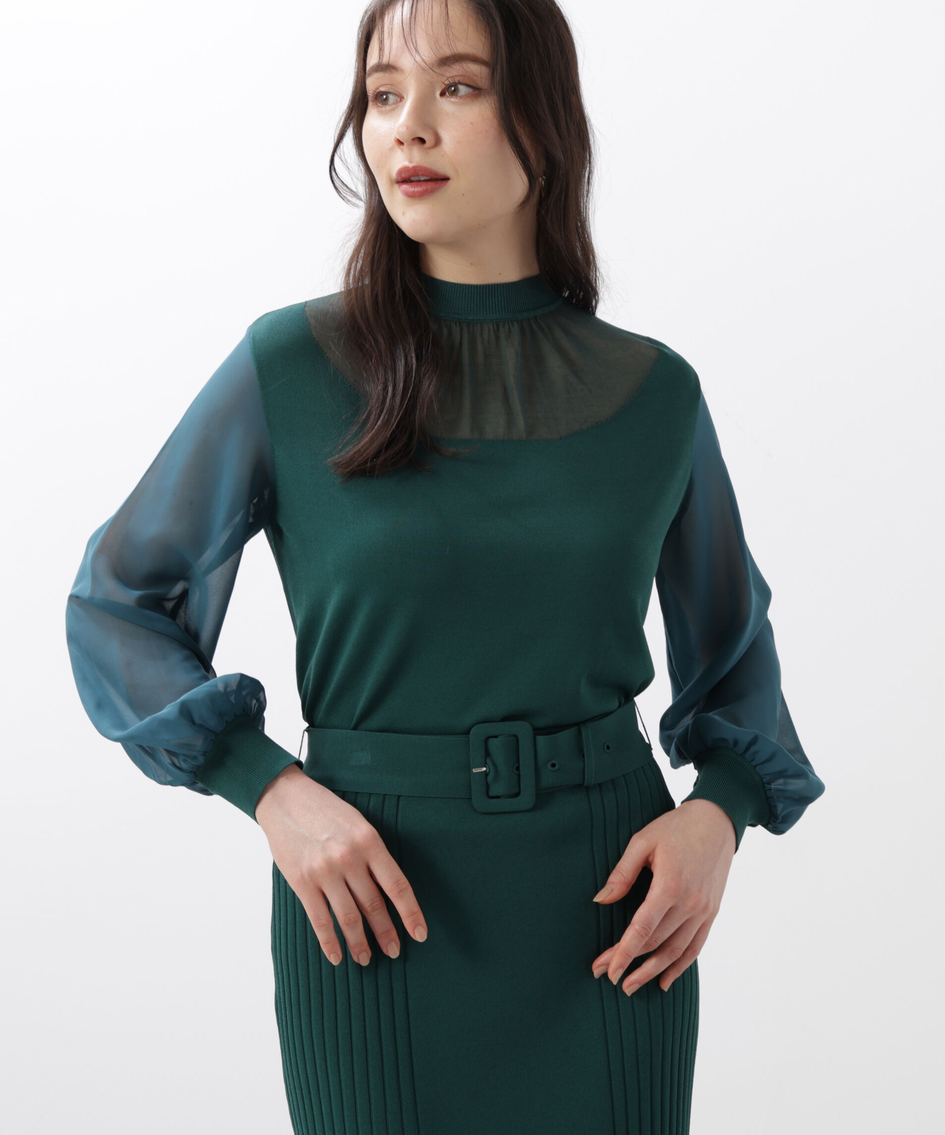  「◆ギャザーネックシフォンコンビニット」|ニット・セーター|