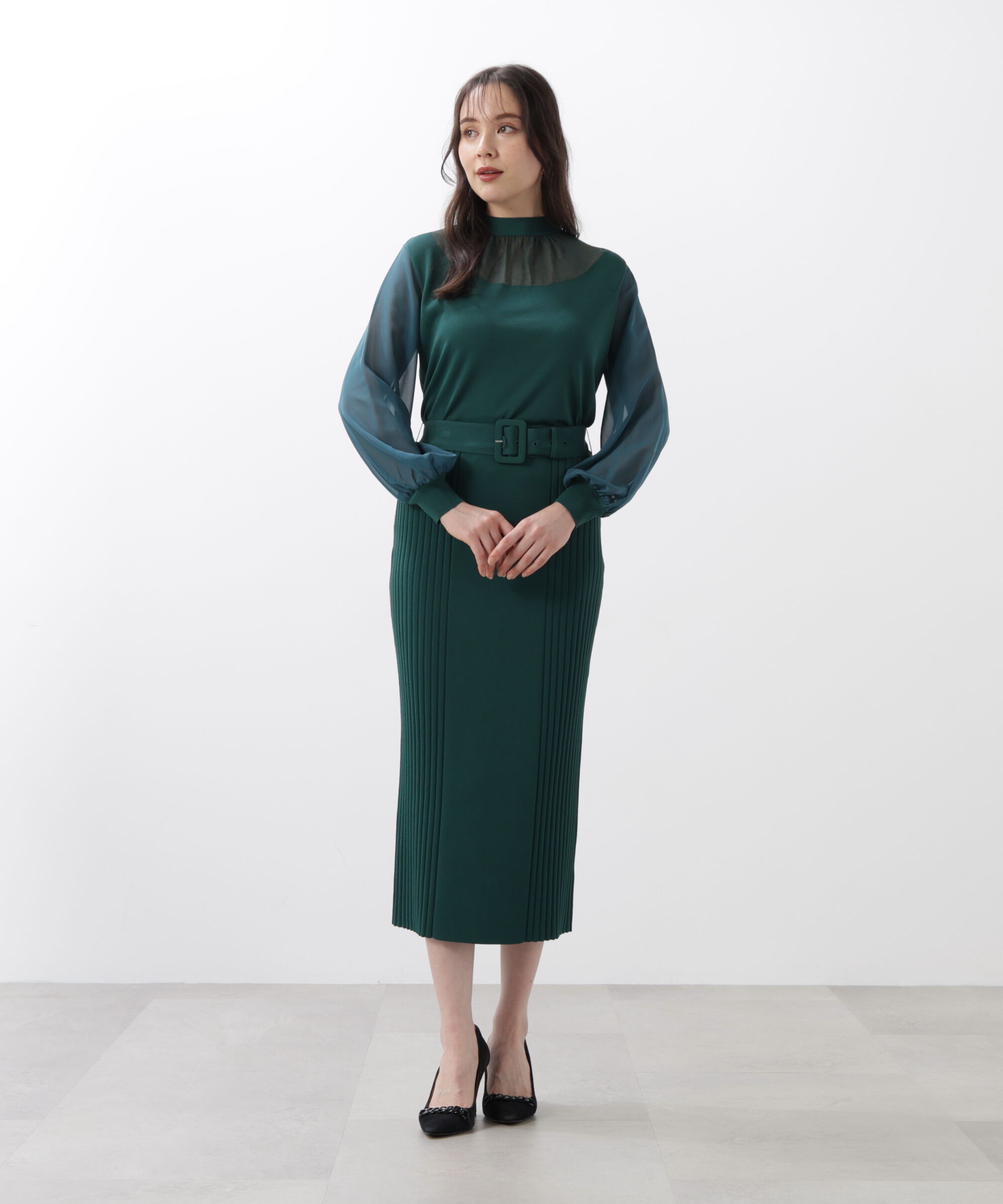  「◆ギャザーネックシフォンコンビニット」|ニット・セーター|