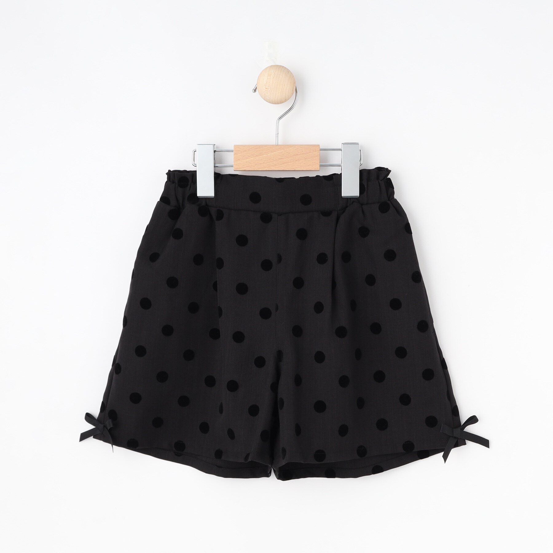 SHOO･LA･RUE「【100-140cm/プチセレ/セットアップ可】フロッキードットショートパンツ」|キュロット|ブラック(019)